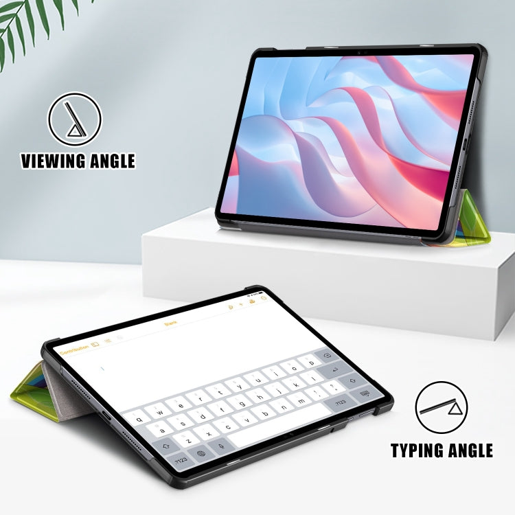 3-fold tablet case with light blue unicorn design and rainbow stand support