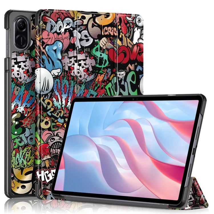 3-fold tablet case with colorful graffiti print and rainbow stand support