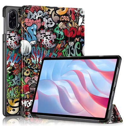 3-fold tablet case with colorful graffiti print and rainbow stand support