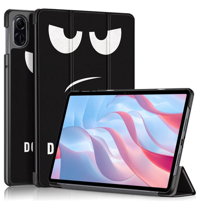 3-fold leather tablet case with black cover and white face graphic, front stand