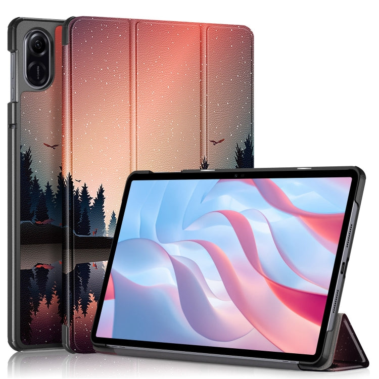 3-fold leather tablet case with red night-sky forest print, front stand for tablet