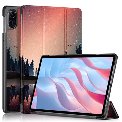 3-fold leather tablet case with red night-sky forest print, front stand for tablet