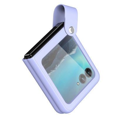 Lavender leather phone case with hand strap, window cutout, and camera openings.