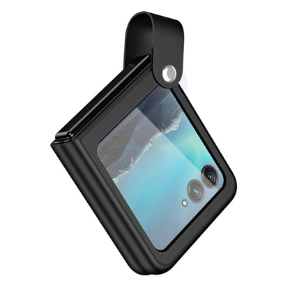 Black leather phone case with hand strap, window cutout, and camera openings.