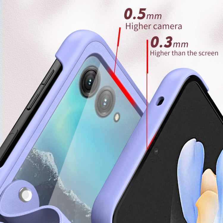 Light purple leather phone case with hand strap and raised camera lens protection.