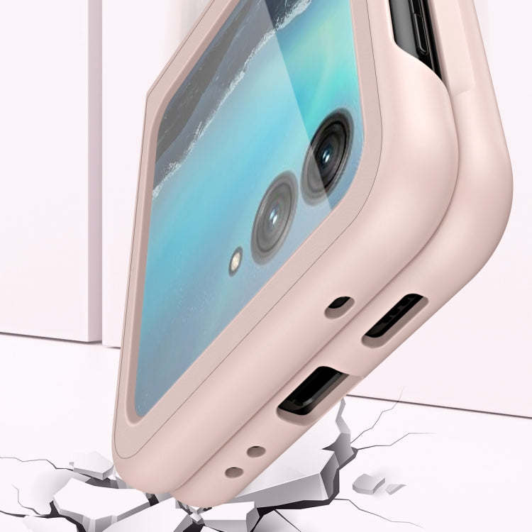 Light pink leather phone case with hand strap, camera cutouts, and side button openings.