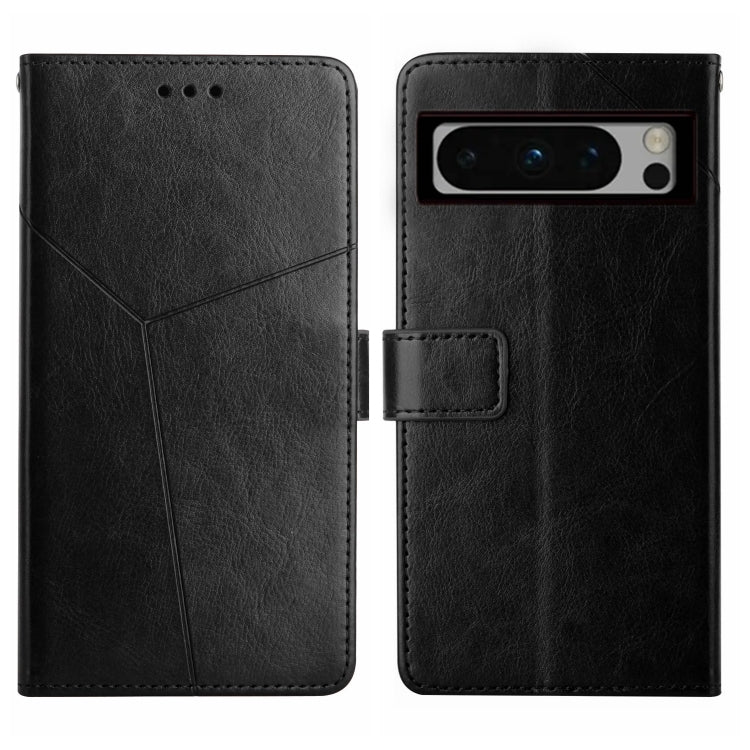 Black leather Y-pattern flip phone case with camera opening and stitched front pocket