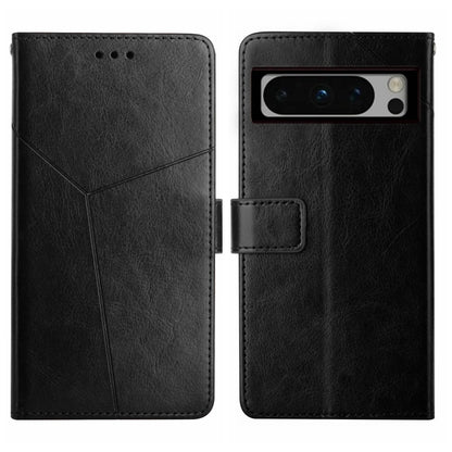Black leather Y-pattern flip phone case with camera opening and stitched front pocket