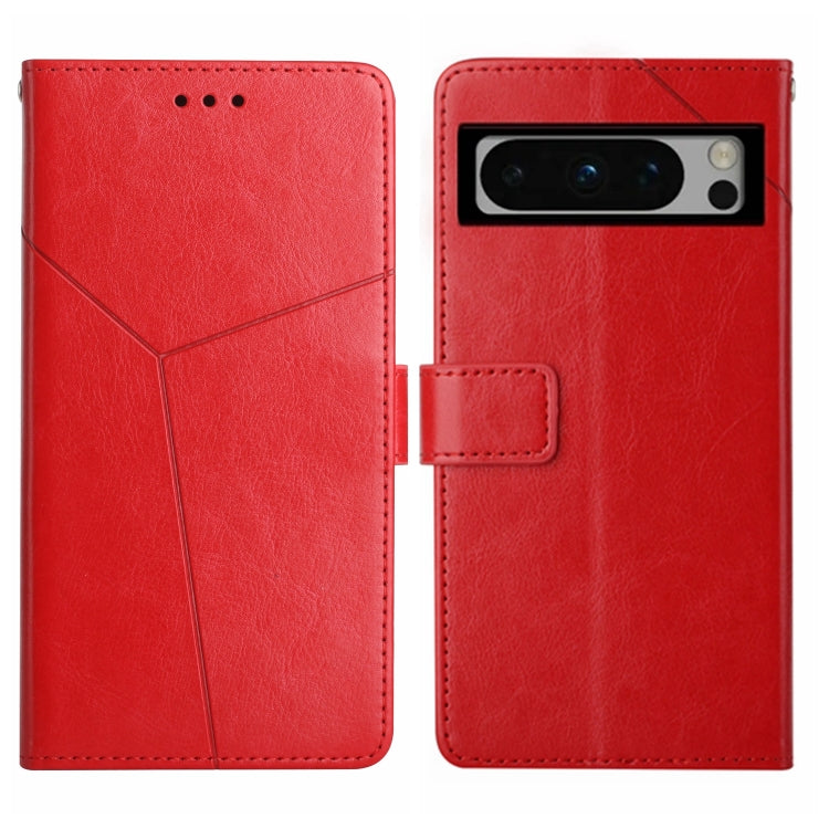 Red leather Y-pattern flip phone case with camera cutout and side strap pocket