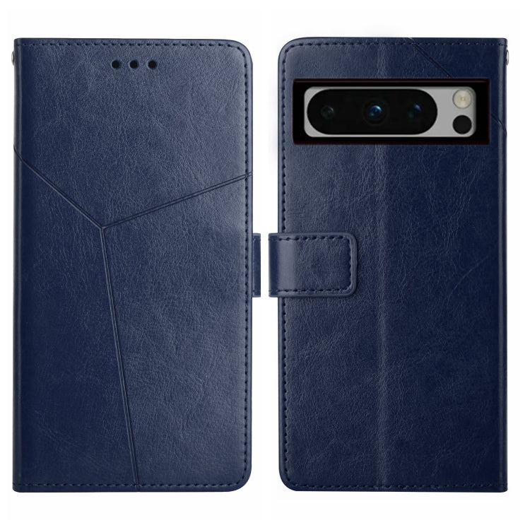 Blue leather Y-pattern flip phone case with camera cutout and stitched front pocket