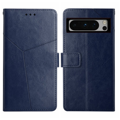 Blue leather Y-pattern flip phone case with camera cutout and stitched front pocket