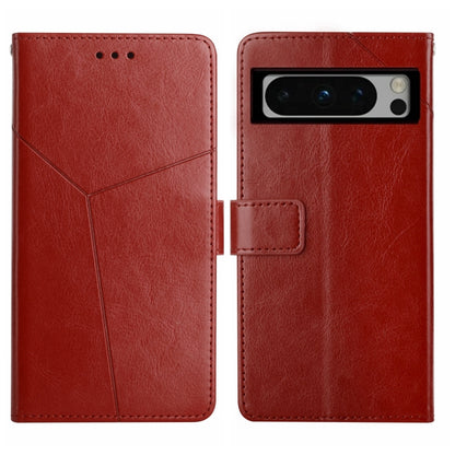 Y-pattern leather flip phone case in red, with camera cutout and card slot