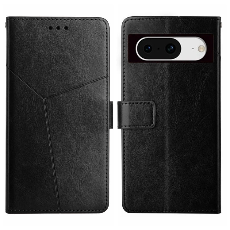 Y-pattern leather flip phone case in black, with camera cutout and card slot