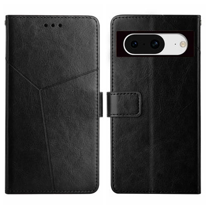 Y-pattern leather flip phone case in black, with camera cutout and card slot
