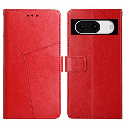 Y-pattern leather flip phone case in red, with camera cutout and card slot
