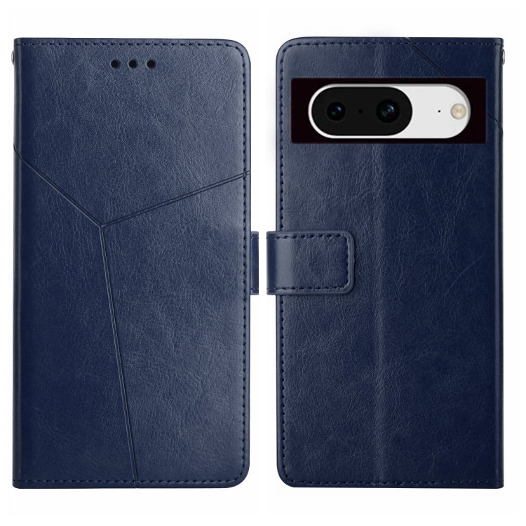 Y-pattern leather flip phone case in blue, with camera cutout and card slot