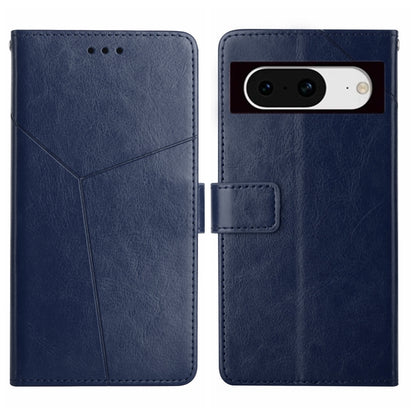 Y-pattern leather flip phone case in blue, with camera cutout and card slot