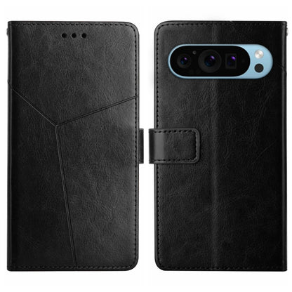 Y-shaped pattern flip leather phone case in black, rear camera opening and front card pocket