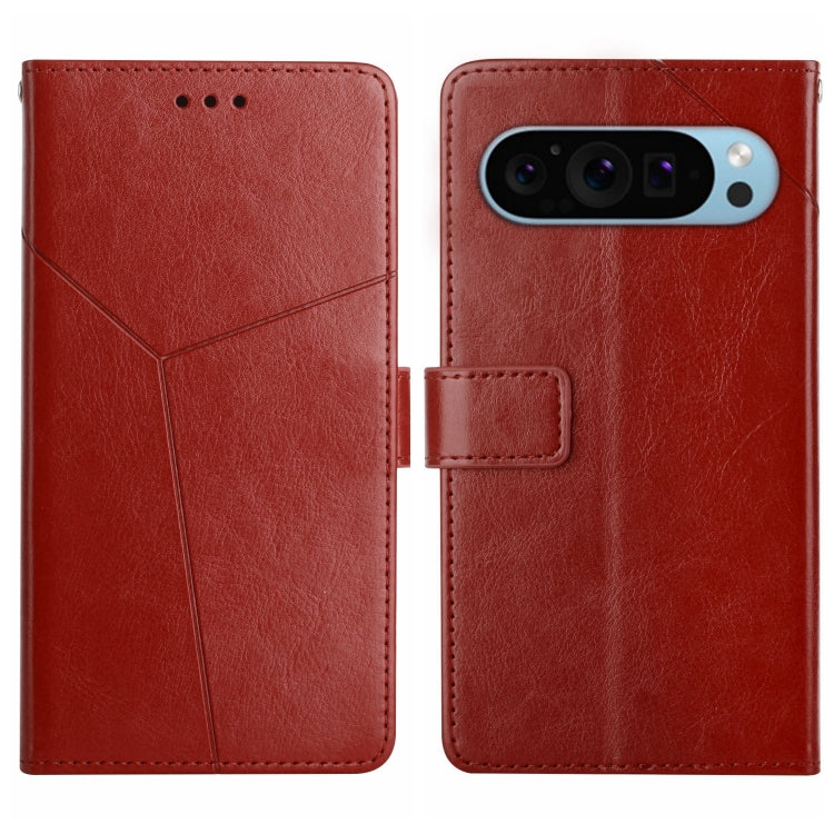 Red leather Y-pattern flip phone case with camera cutout and strap pocket