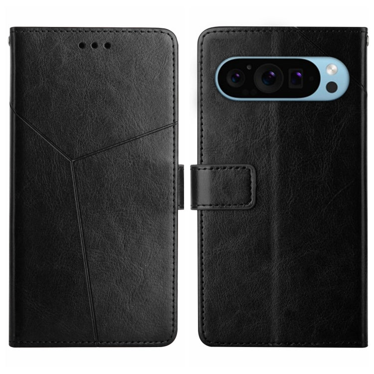 Black Y-shaped pattern leather flip phone case with magnetic clasp and camera cutout