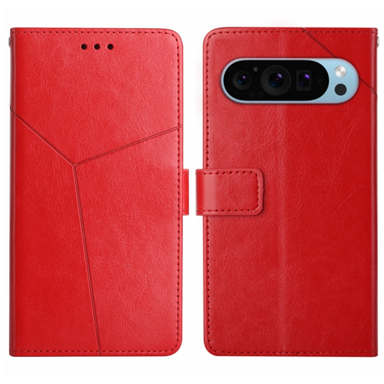 Red Y-shaped pattern leather flip phone case with magnetic clasp and camera cutout