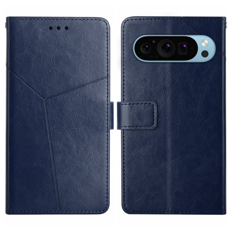 Blue Y-shaped pattern leather flip phone case with magnetic clasp and camera cutout