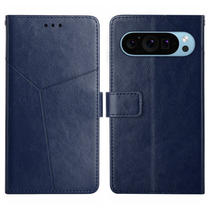 Blue Y-shaped pattern leather flip phone case with magnetic clasp and camera cutout