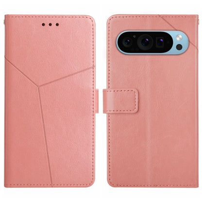 Y-shaped pattern flip leather phone case in pink, front and back views with camera cutout