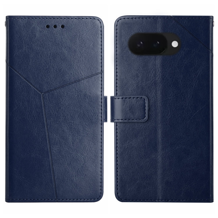Blue Y-shaped pattern leather flip phone case with magnetic clasp and camera cutout