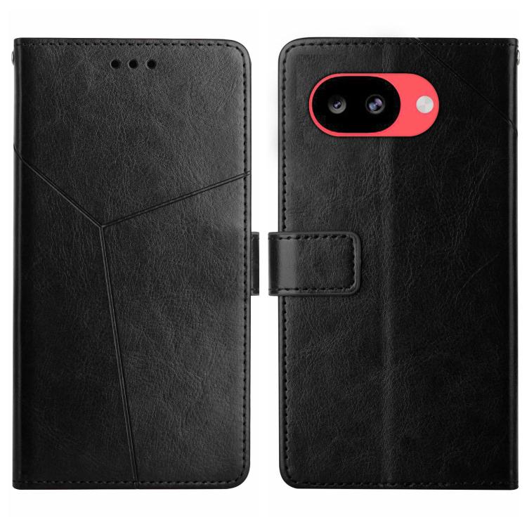 Black leather phone case with Y-shaped pattern, camera cutout, and flip cover