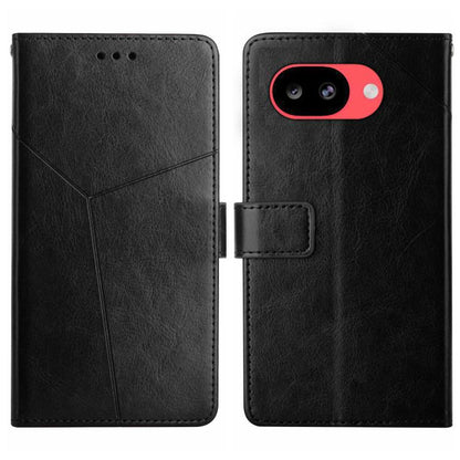 Black leather phone case with Y-shaped pattern, camera cutout, and flip cover