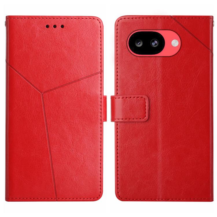 Red leather phone case with Y-shaped pattern, camera cutout, and front flap