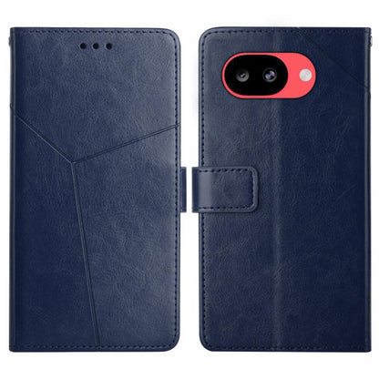 Blue leather phone case with Y-shaped pattern, camera cutout, and side pocket