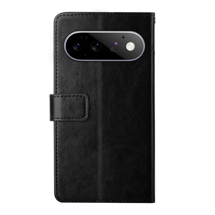 Black Y-pattern flip leather phone case with camera cutout and card pocket