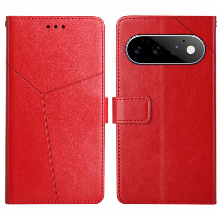 Red Y-shaped pattern leather phone case with camera cutout and card pocket