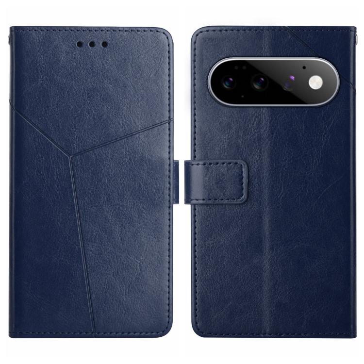 Blue Y-shaped pattern leather phone case with camera cutout and flip cover