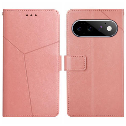 Pink leather phone case with Y-shaped pattern lines, camera cutout, and side tab