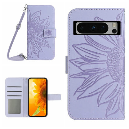 Light purple embossed sunflower flip leather phone case with card slot and lanyard