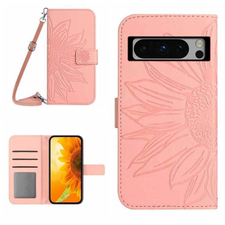Light pink embossed sunflower flip leather phone case with card slot and lanyard
