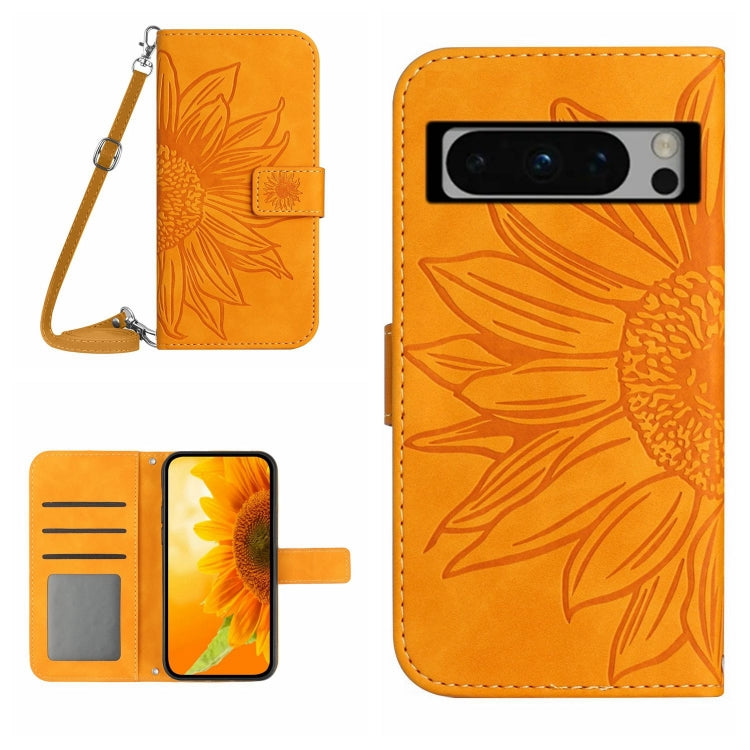 Orange embossed sunflower flip leather phone case with lanyard and card slots