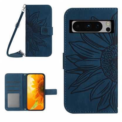 Dark blue embossed sunflower flip leather phone case with lanyard and card slots