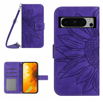 Purple embossed sunflower flip leather phone case with lanyard and card slots