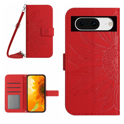 Sunflower embossed flip leather phone case with lanyard, red