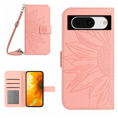 Sunflower embossed flip leather phone case with lanyard, light pink