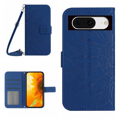 Dark blue embossed sunflower flip leather phone case with card slot and lanyard