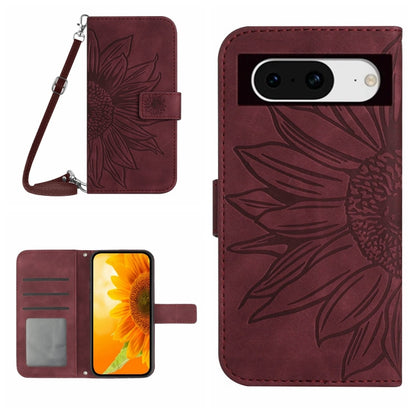 Wine red embossed sunflower flip leather phone case with card slot and lanyard
