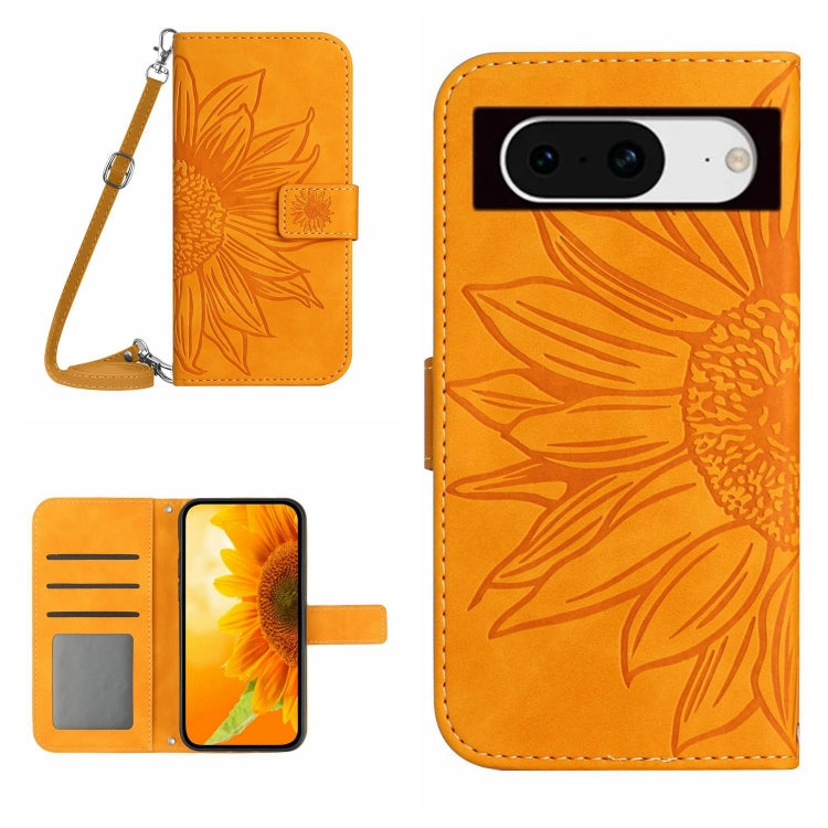 Orange embossed sunflower flip leather phone case with card slot and lanyard