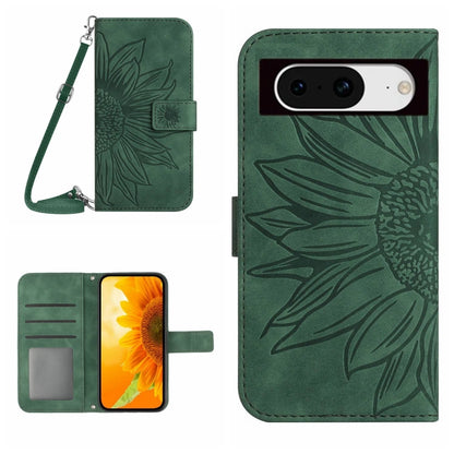 Green embossed sunflower flip leather phone case with card slot and lanyard