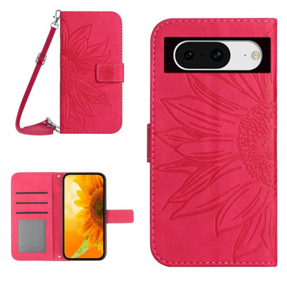 Pink-red embossed sunflower flip leather phone case with card slot and lanyard