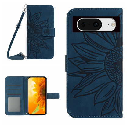 Dark blue embossed sunflower flip leather phone case with lanyard strap and card slot